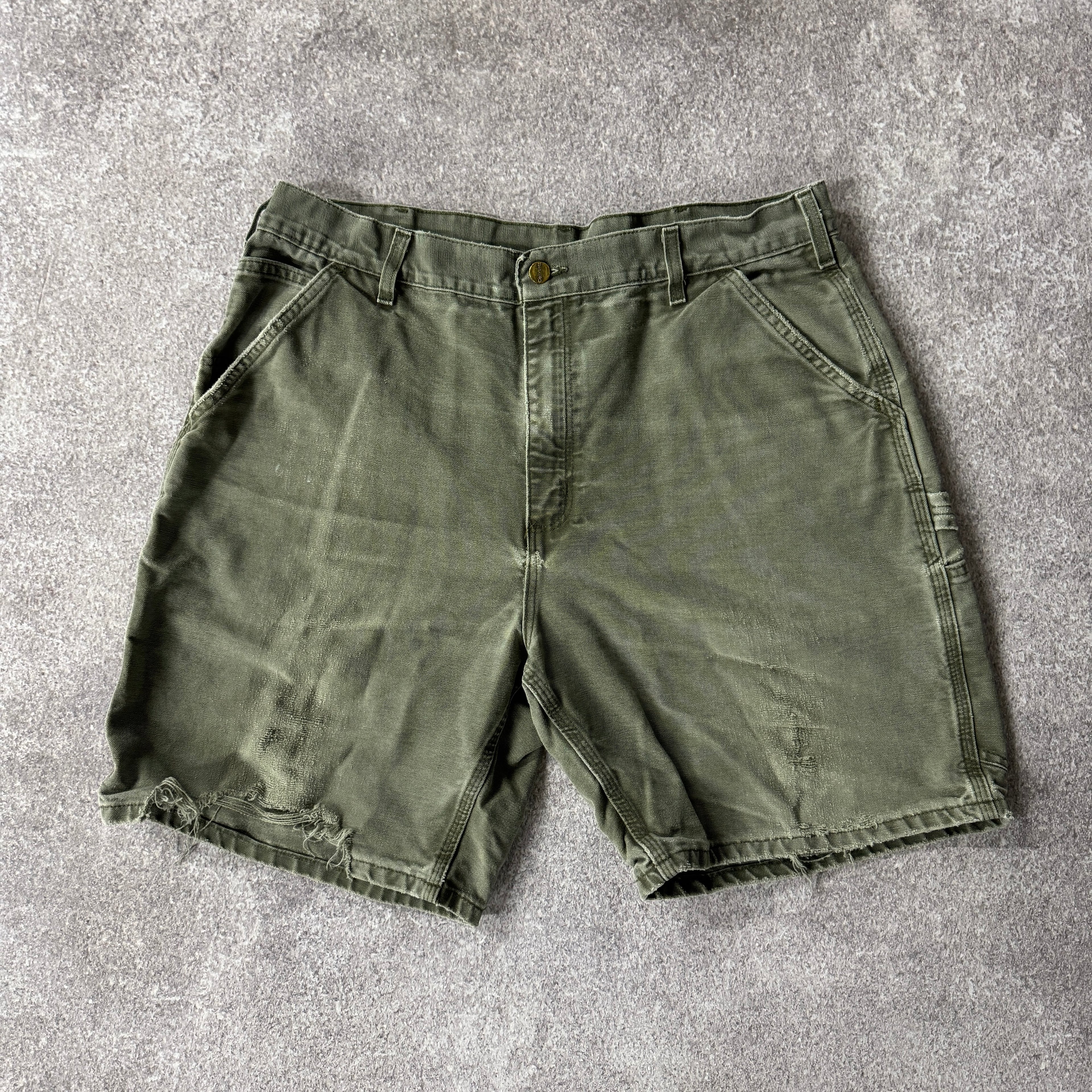 Y2K Carhartt Duck Canvas Green Distressed Shorts 38W x 9L