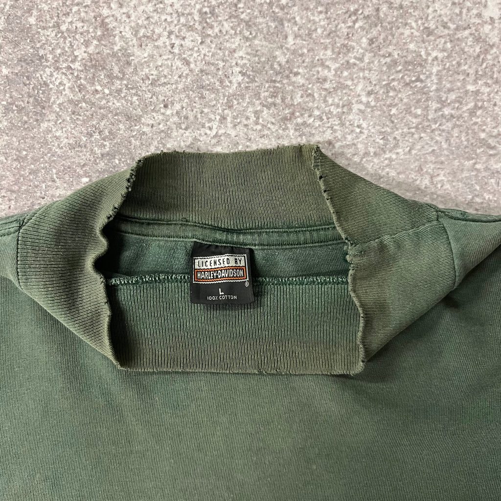 90s Harley Davidson Mockneck Green Distressed Long Sleeve Tee L