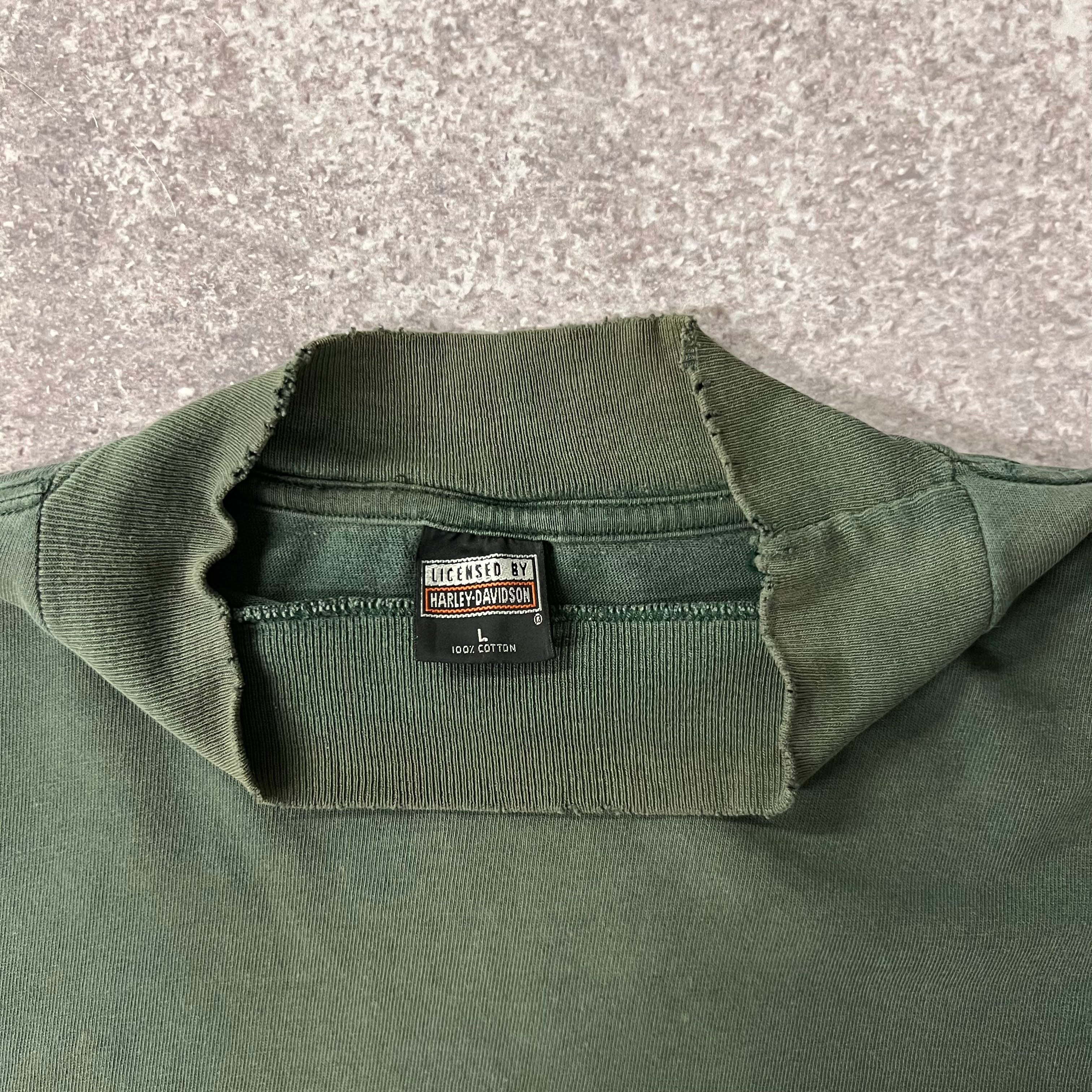 90s Harley Davidson Mockneck Green Distressed Long Sleeve Tee L