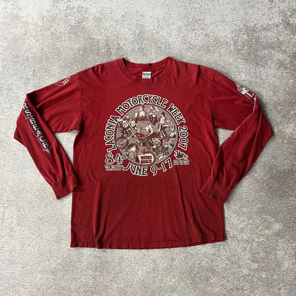 Y2K Gildan Weirs Beach, Laconia Red Worn In Long Sleeve Tee L