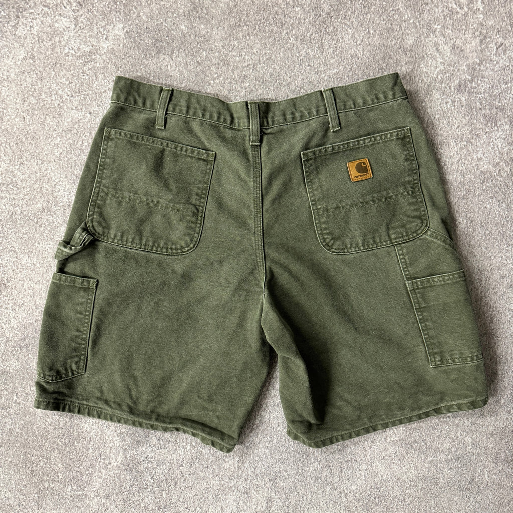 Y2K Carhartt Duck Canvas Green Worn In Shorts 36W x 9L