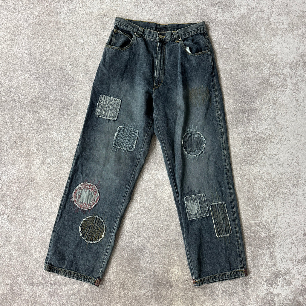 Y2K Vecta Sport Wide Leg Patchwork Blue Baggy Jeans 34W