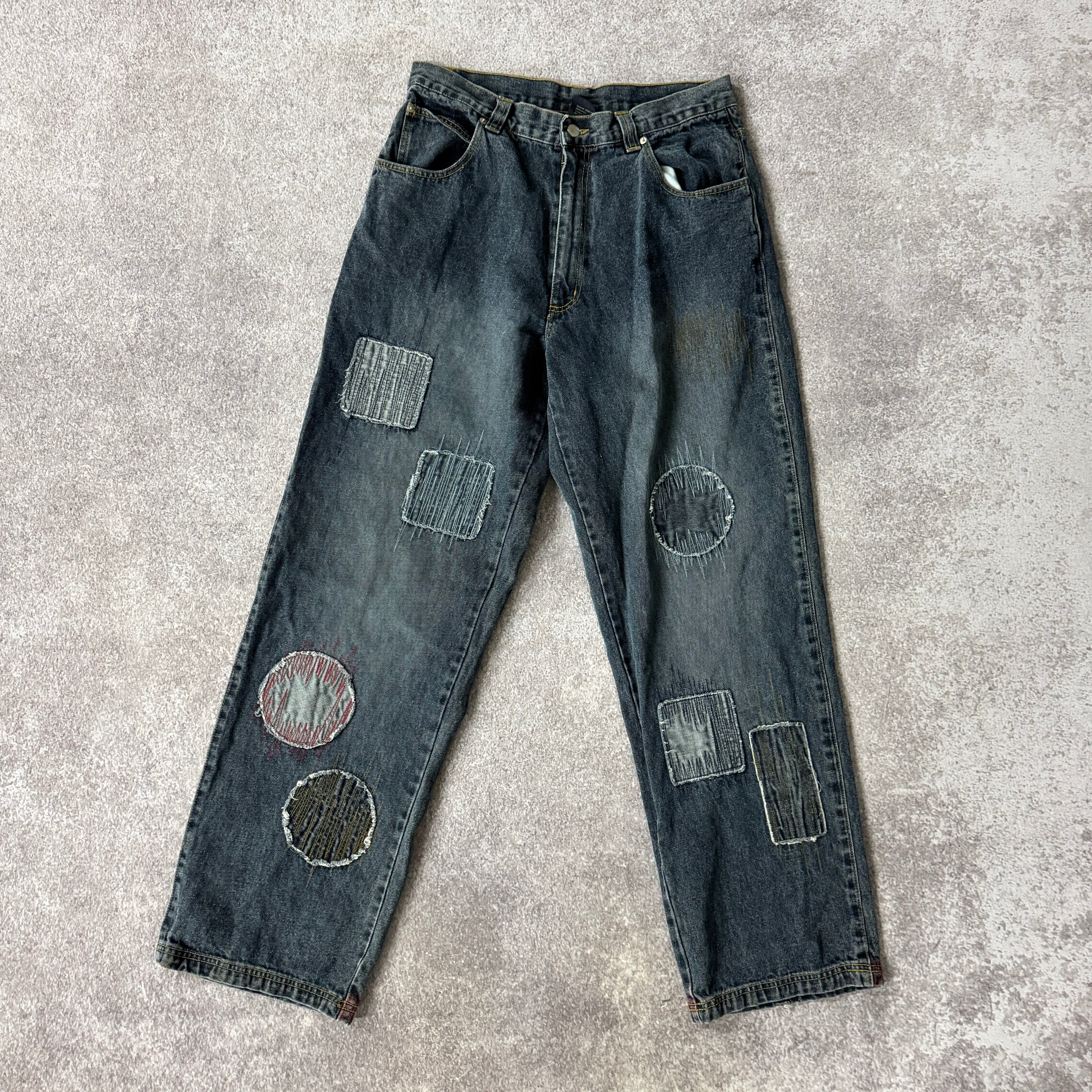 Y2K Vecta Sport Wide Leg Patchwork Blue Baggy Jeans 34W