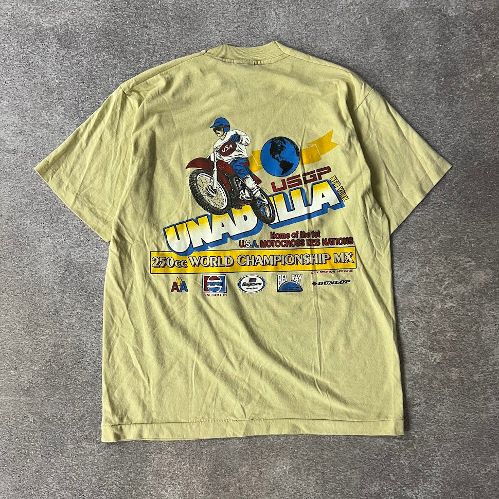 80s Unadilla Motocross Screen Stars Big Logo Back Graphic Single Stitch Tan Tee L