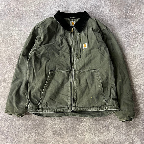 Modern Carhartt Corduroy Collar Fleece Lined Workwear Green Jacket L