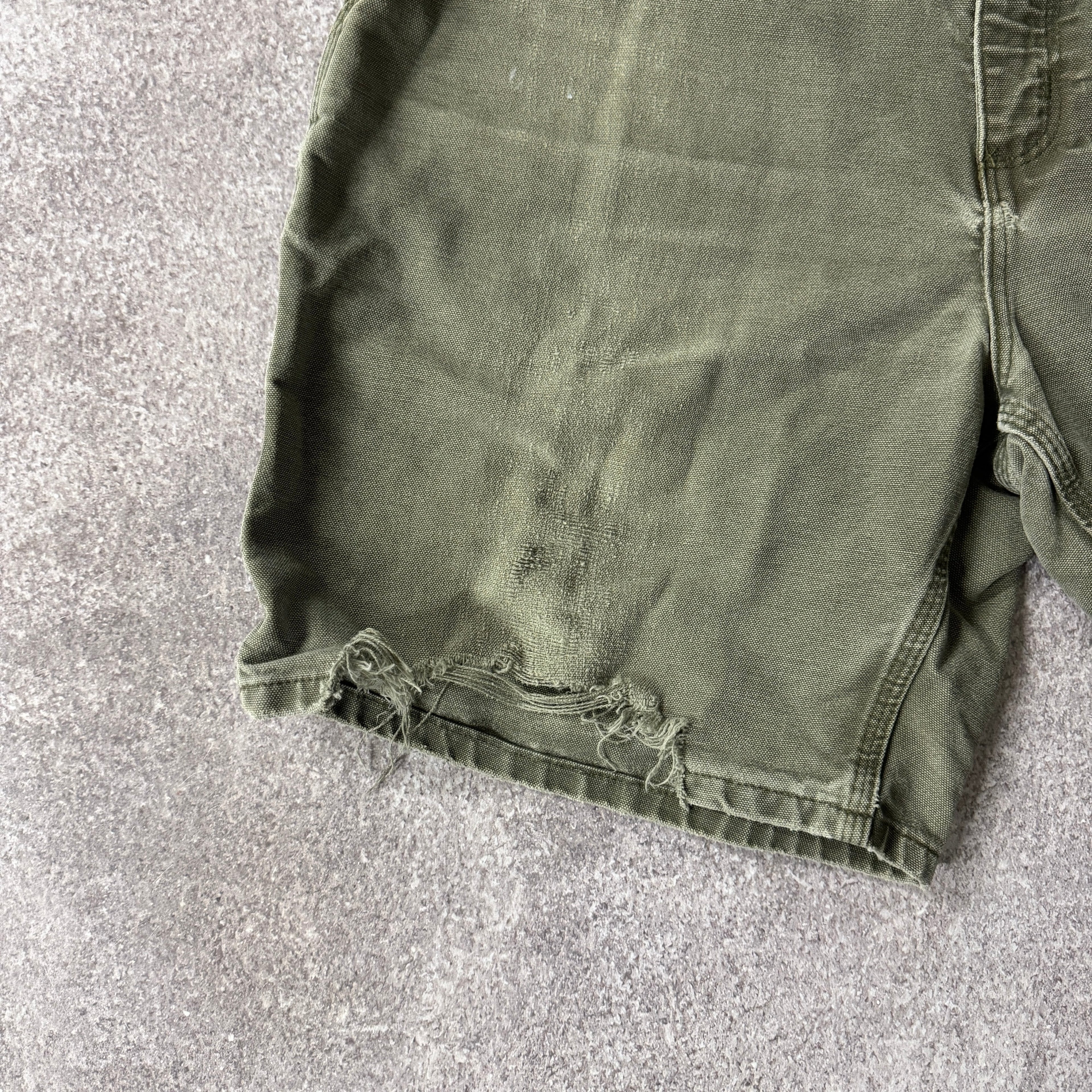Y2K Carhartt Duck Canvas Green Distressed Shorts 38W x 9L