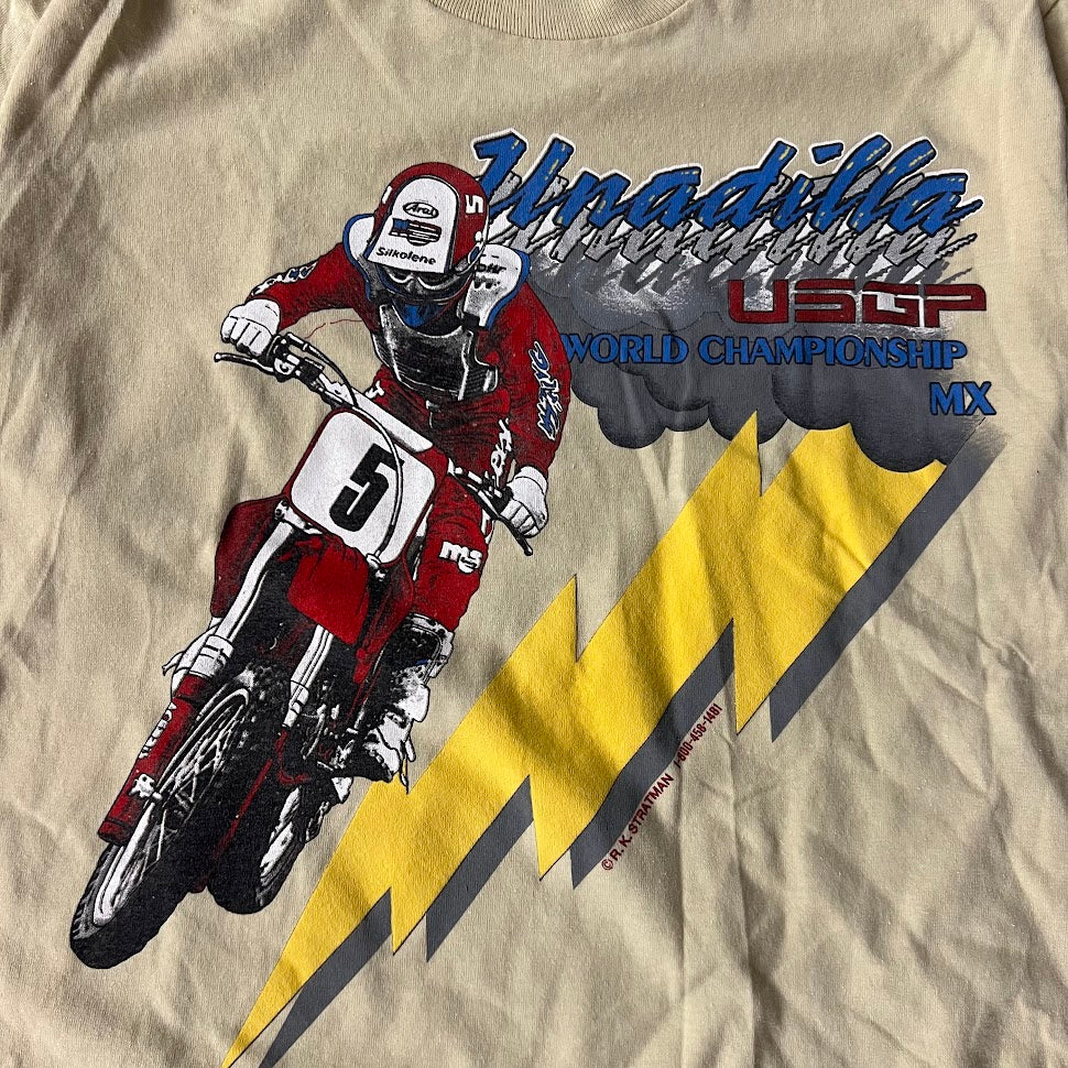 80s Unadilla Motocross Screen Stars Big Logo Back Graphic Single Stitch Tan Tee L