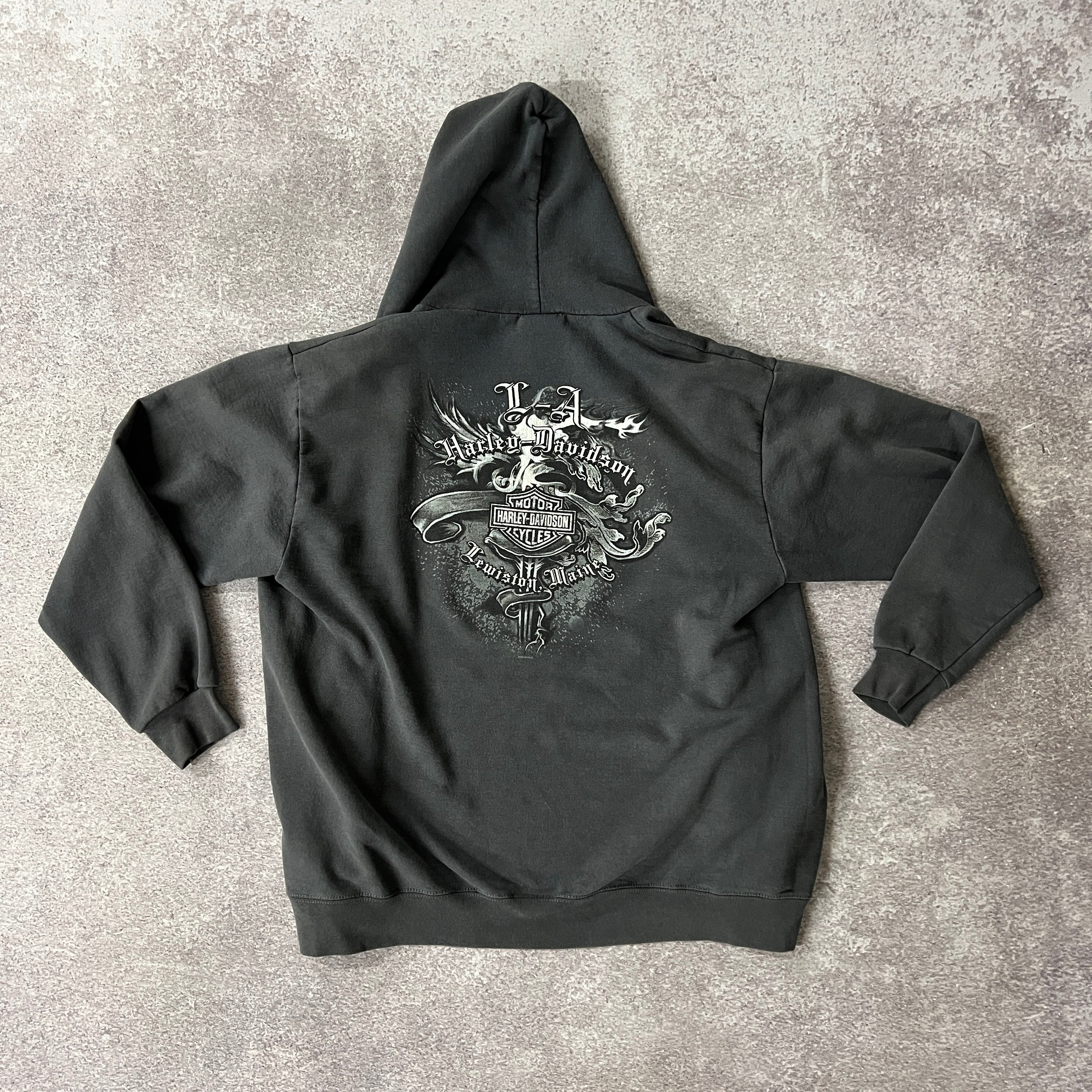 Y2K Harley Davidson Maine Gray Distressed Zip Up Hoodie M