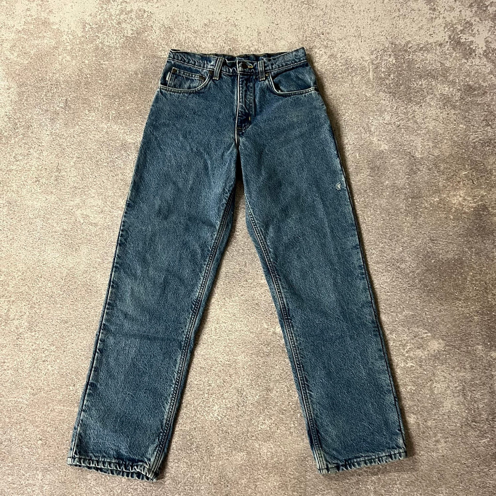 90s Carhartt Plaid Lined Blue Distressed Workwear Pants 28W x 30L
