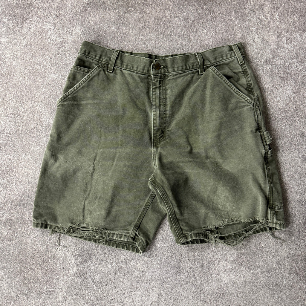 Y2K Carhartt Washed Duck Work Carpenter Shorts Green Distressed 36W x 9L