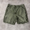 Y2K Carhartt Washed Duck Work Carpenter Shorts Green Distressed 36W x 9L