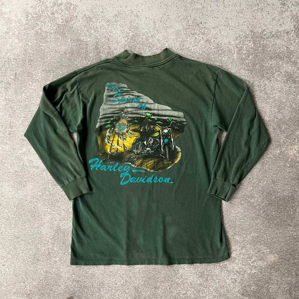90s Harley Davidson Mockneck Green Distressed Long Sleeve Tee L