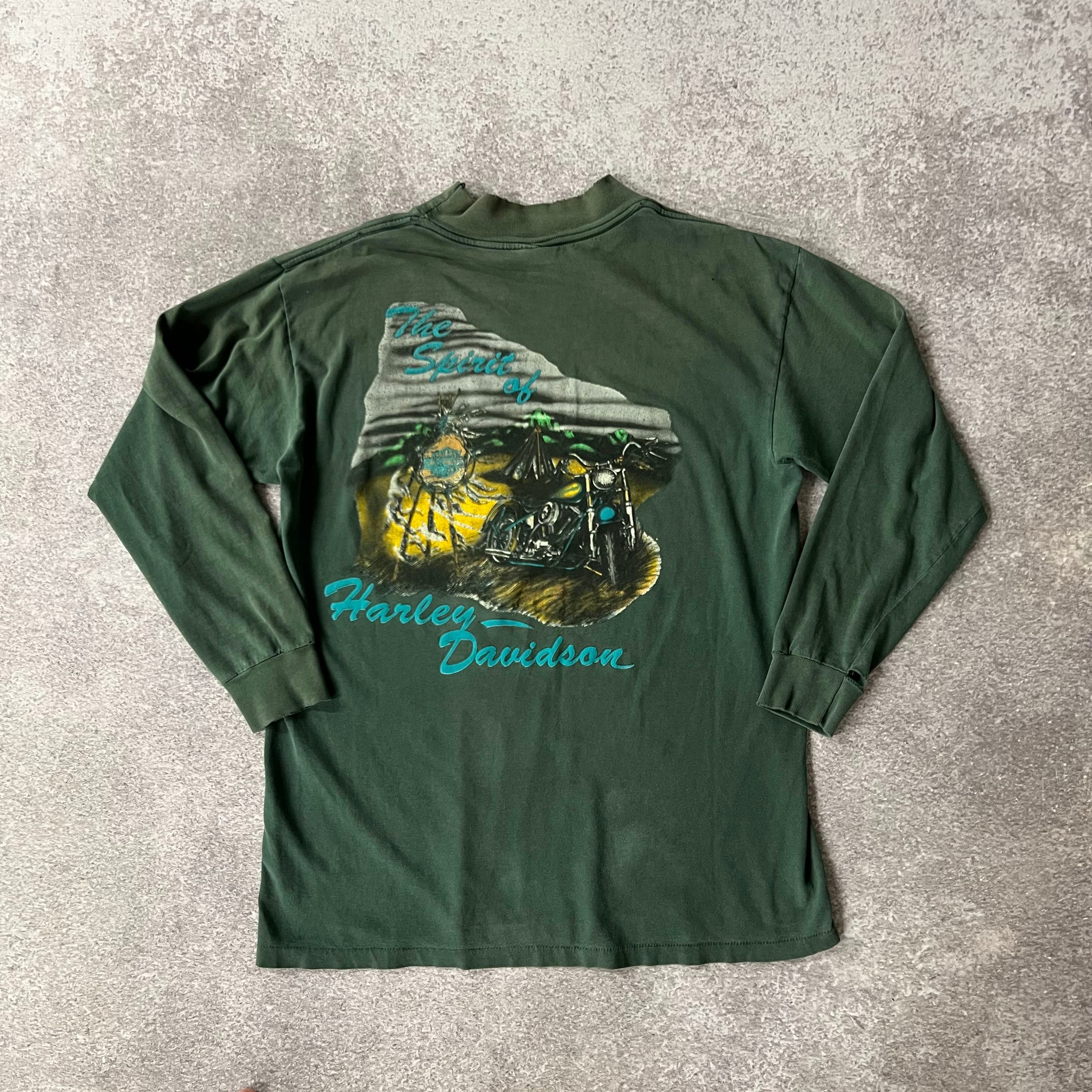 90s Harley Davidson Mockneck Green Distressed Long Sleeve Tee L