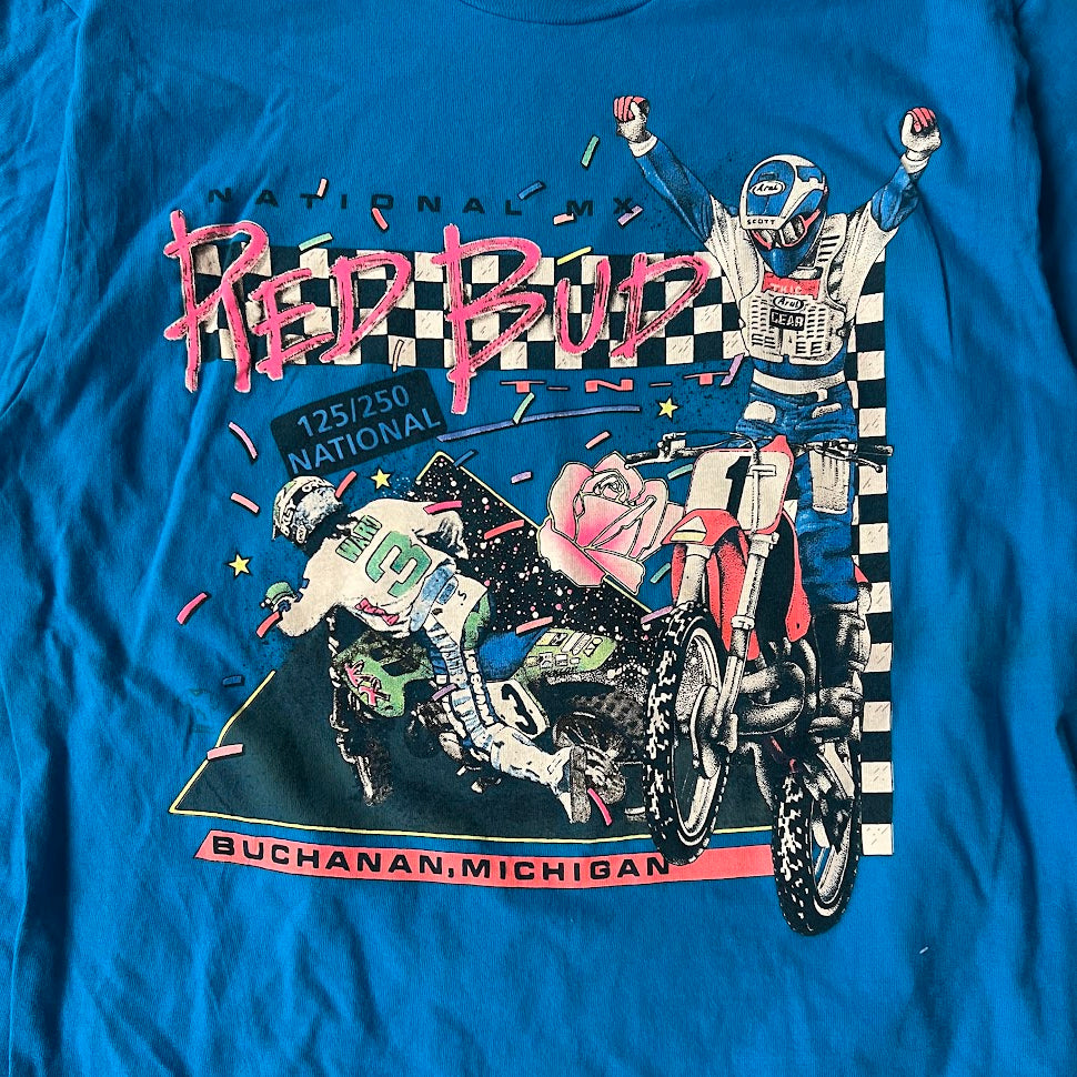 1990 RedBud National Motorsports Big Logo Back Graphic Faded Blue Tee L