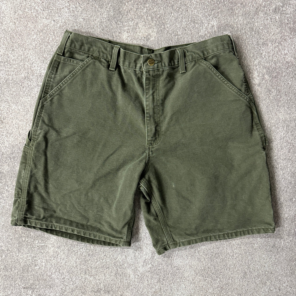 Y2K Carhartt Duck Canvas Green Worn In Shorts 36W x 9L