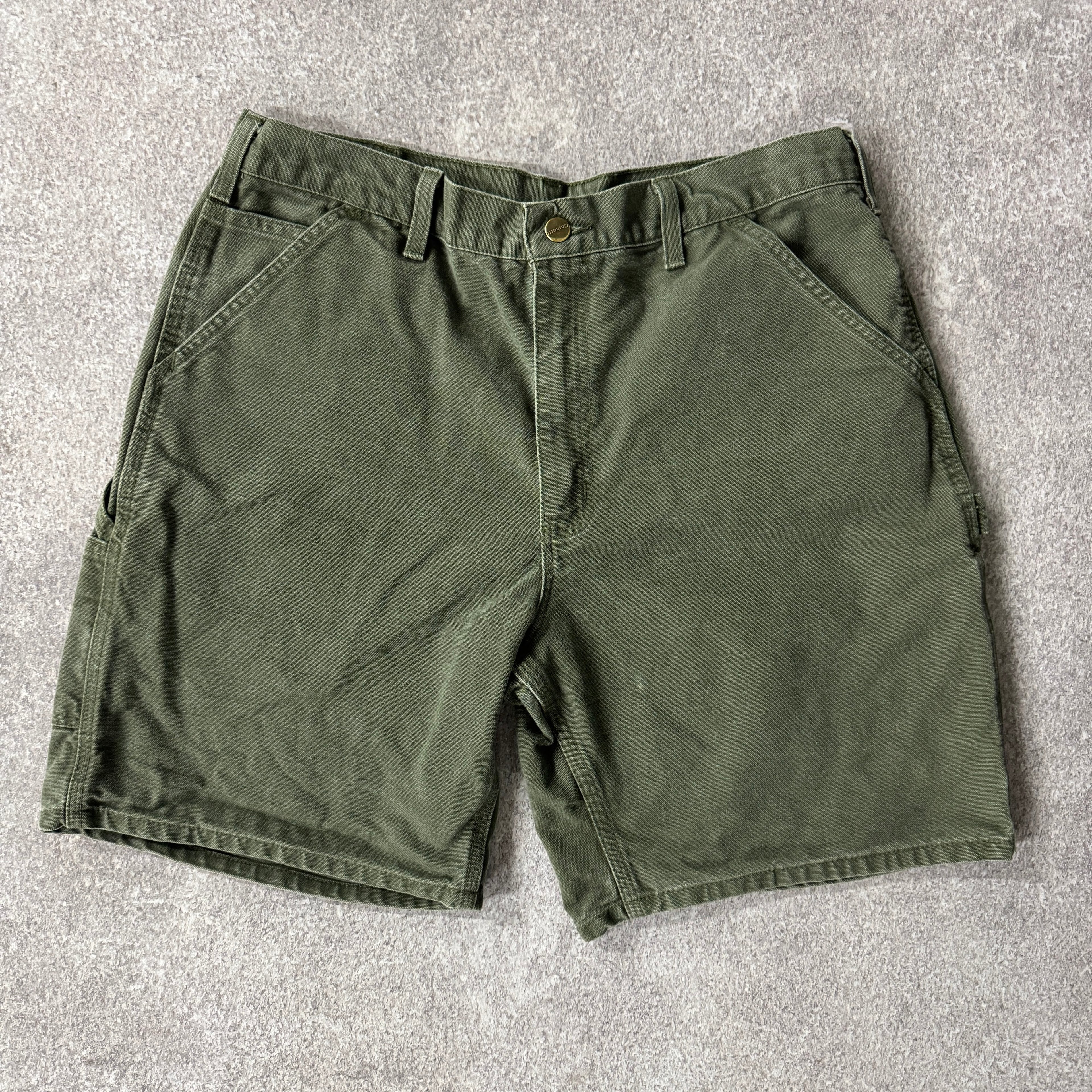 Y2K Carhartt Duck Canvas Green Worn In Shorts 36W x 9L