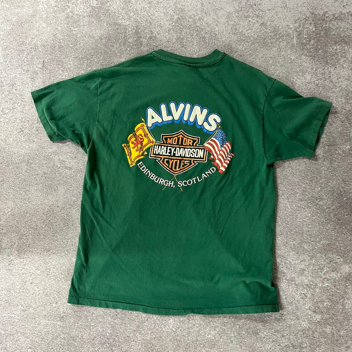 Y2K Harley Davidson Edinburgh, Scotland Green Worn In Tee XL