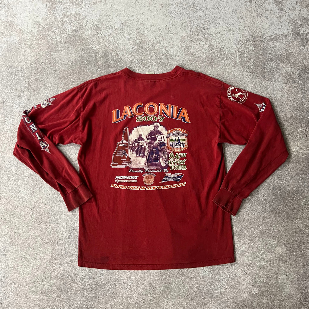 Y2K Gildan Weirs Beach, Laconia Red Worn In Long Sleeve Tee L