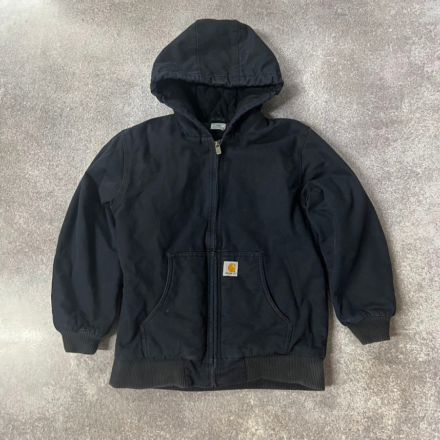 Carhartt Kids Youth Active Jacket Black Canvas Hooded Size L 14-16 Lined VTG