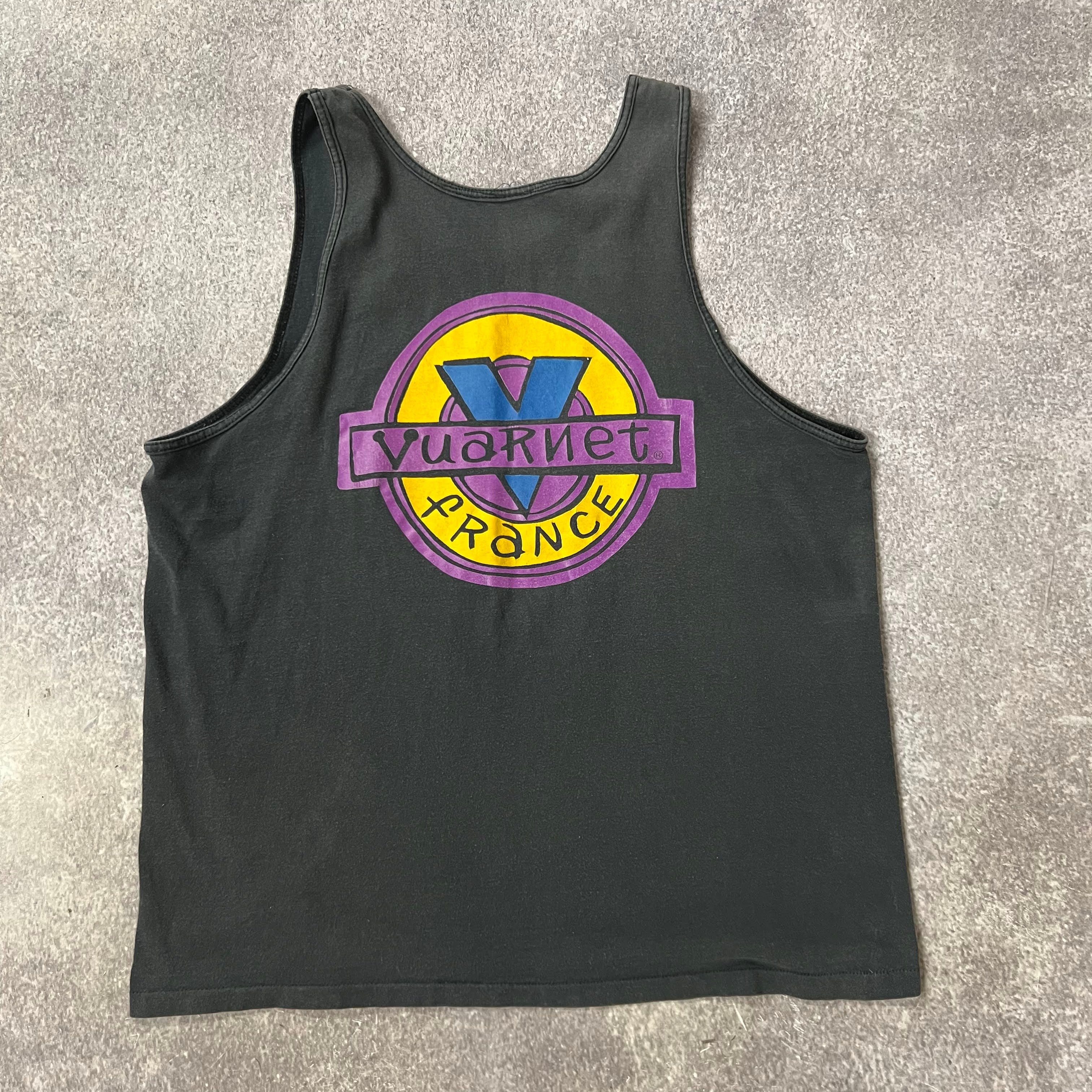 90s Vuarnet France Big Logo Back Graphic Sun Faded Single Stitch Vintage Tank Top L