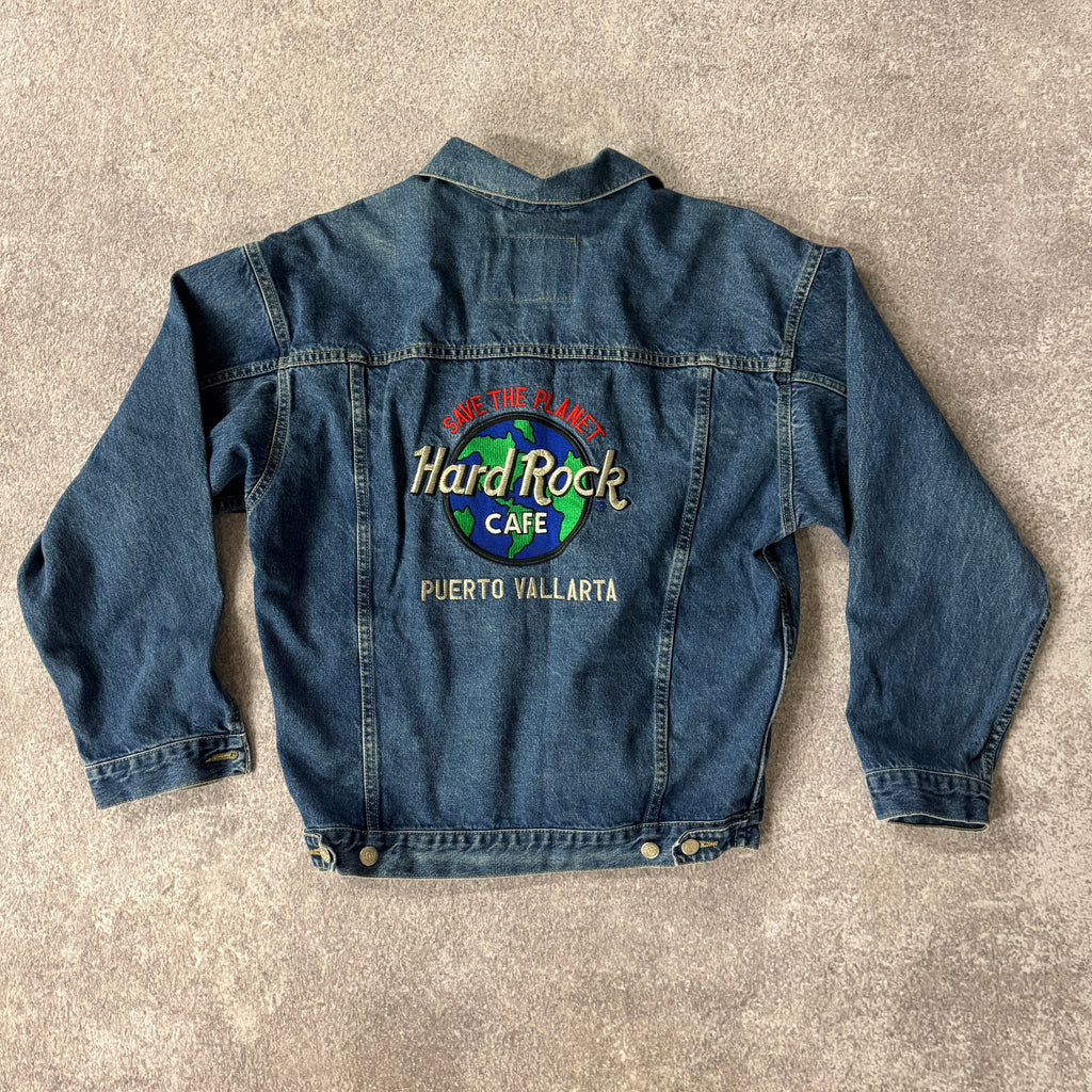 90s Hard Rock Denim Trucker Jacket Blue Workwear L