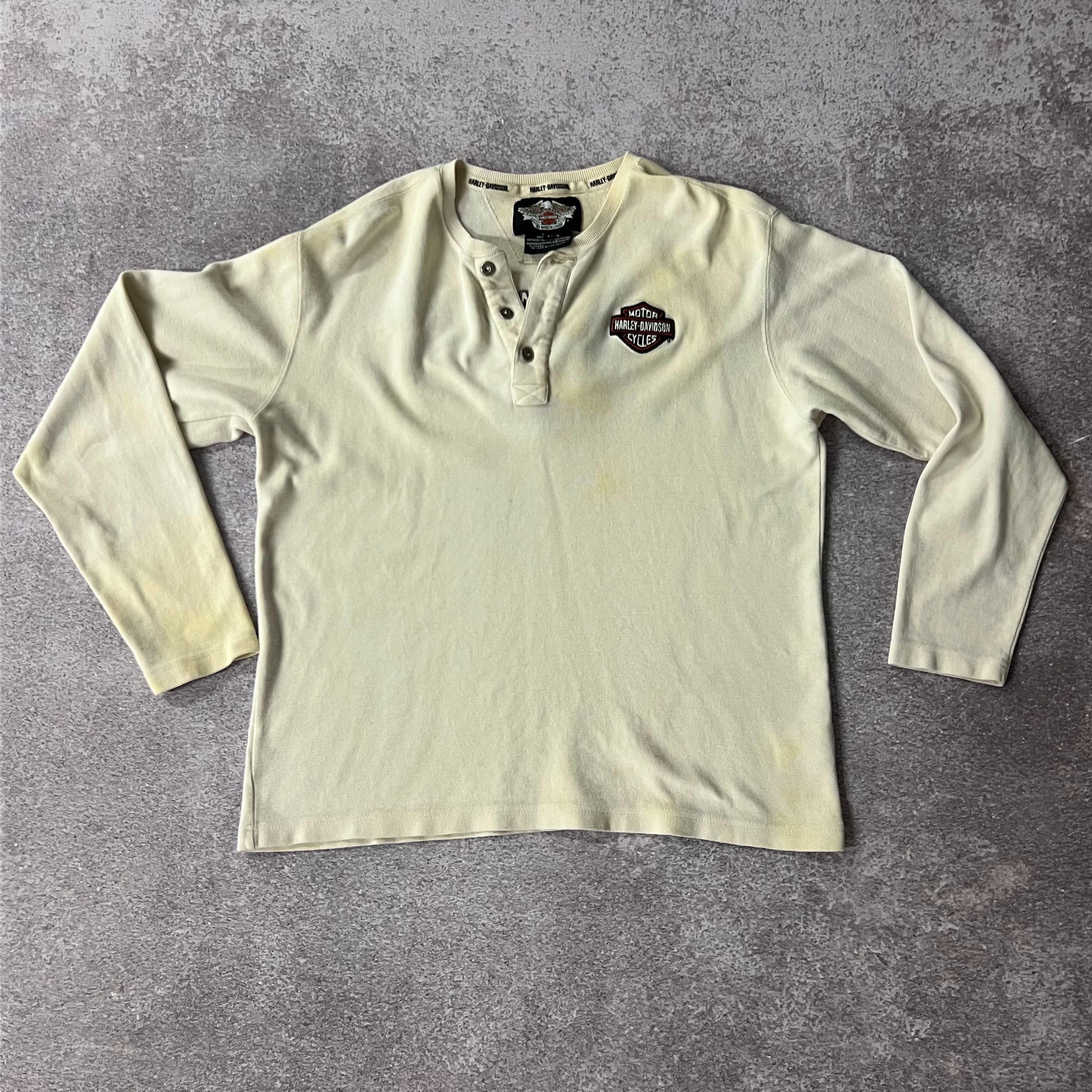 2010s Harley Davidson Embroidered Back Graphic Cream Long Sleeve Tee L