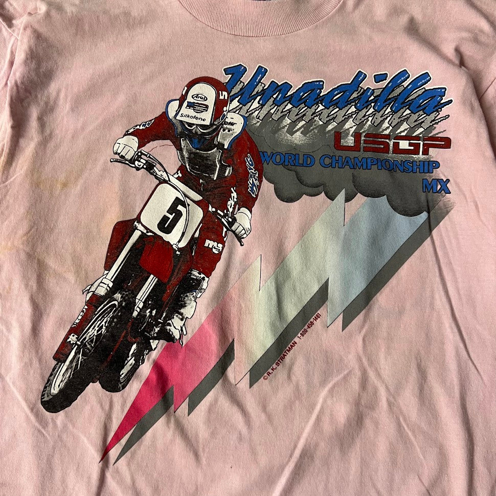 80s Unadilla World Championship Motocross Screen Stars Faded Pink Tee L