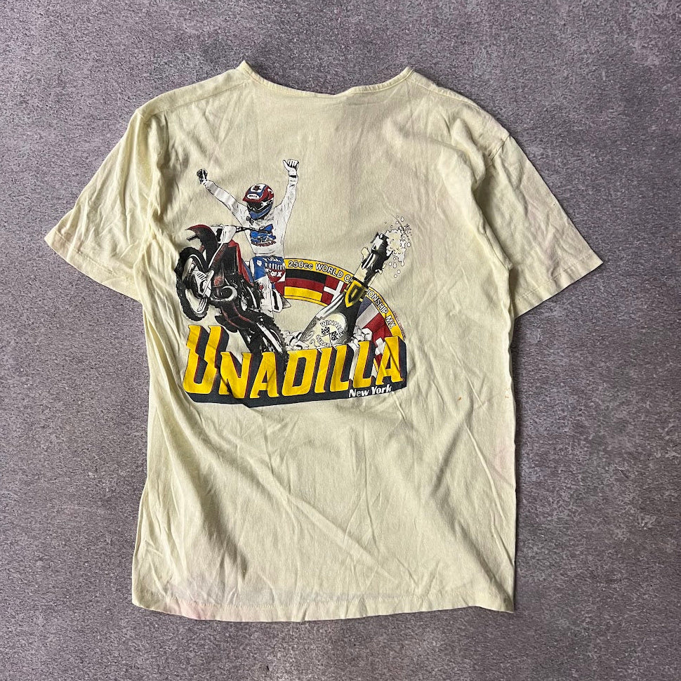 80s Unadilla World Championship Motocross Big Logo Back Graphic Faded Yellow Tee XL