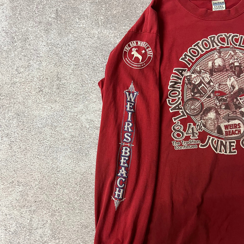Y2K Gildan Weirs Beach, Laconia Red Worn In Long Sleeve Tee L