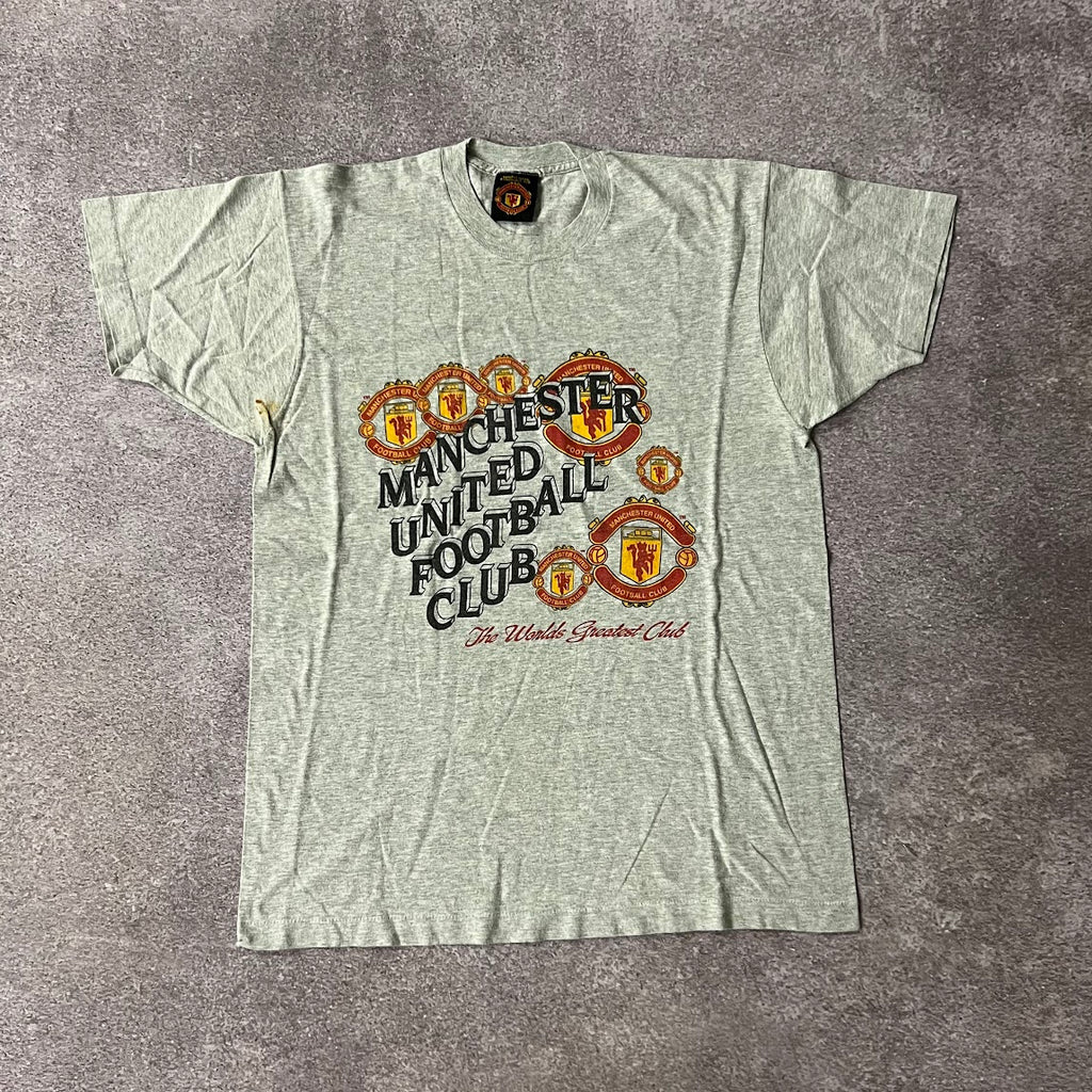90s Real Madrid Manchester United Football Club Gray Back Graphic Tee L