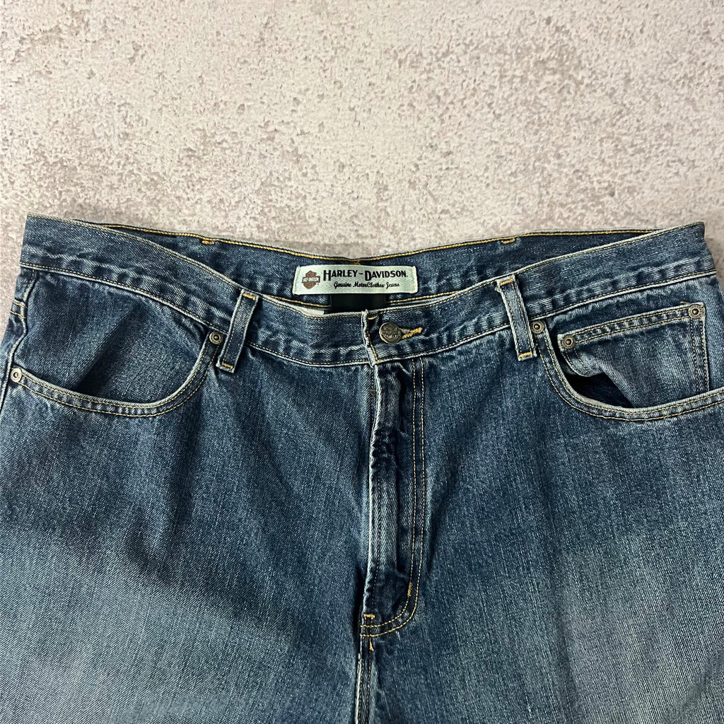 2010s Harley Davidson Blue Distressed Faded Jeans 40W x 32L