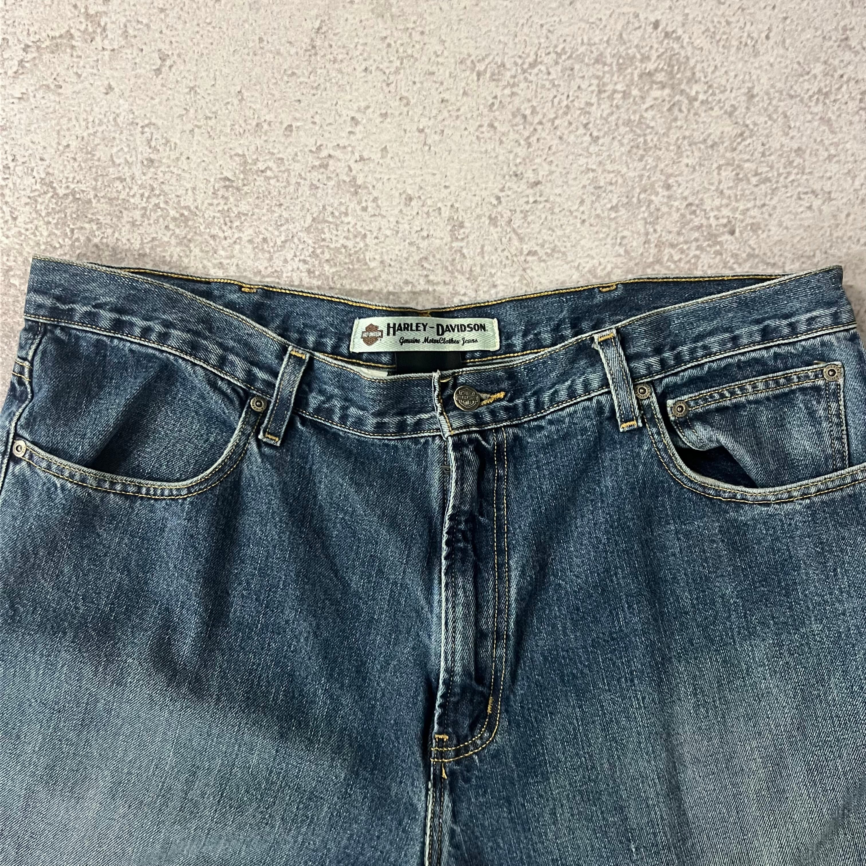 2010s Harley Davidson Blue Distressed Faded Jeans 40W x 32L