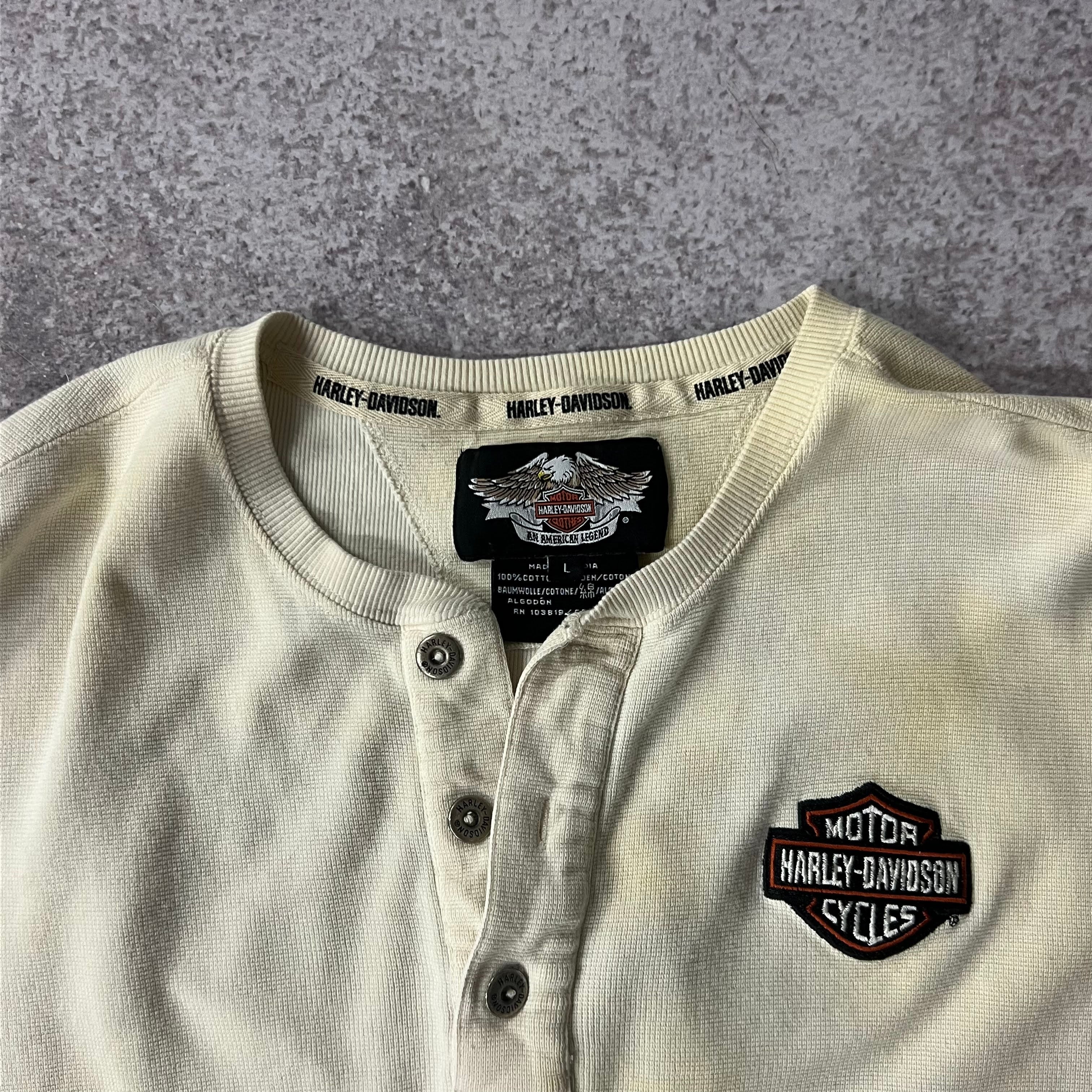 2010s Harley Davidson Embroidered Back Graphic Cream Long Sleeve Tee L