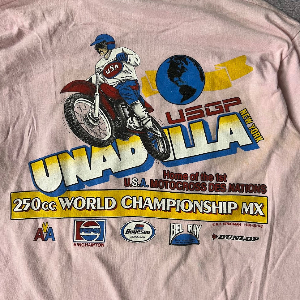 80s Unadilla World Championship Motocross Screen Stars Faded Pink Tee L