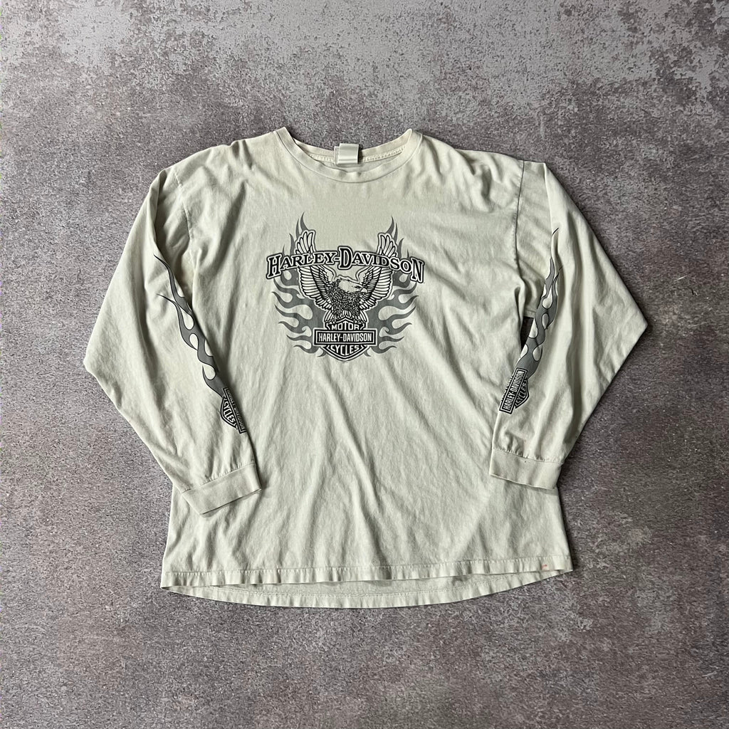 Y2K Harley Davidson White Worn In Long Sleeve Tee XXL