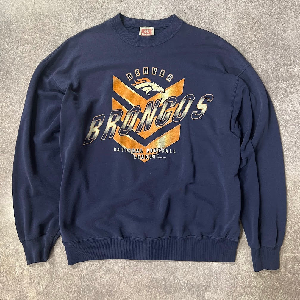90s Denver Broncos NFL Hanes Big Logo Cracked Print Vintage Crewneck L
