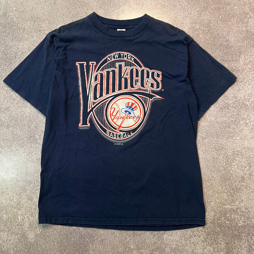90s New York Yankees MLB Logo 7 Big Logo Faded Vintage Tee XL