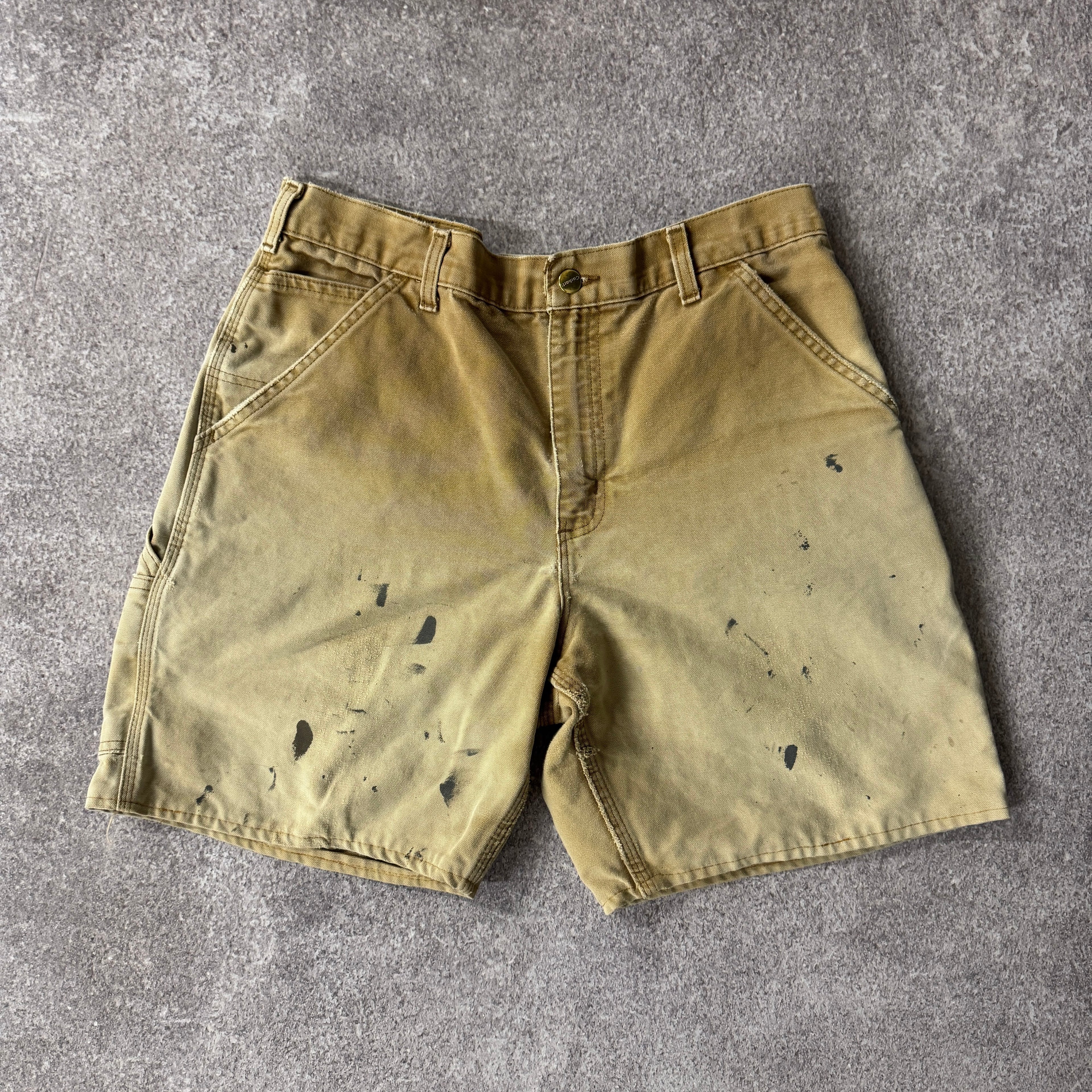 Y2K Carhartt Washed Duck Work Carpenter Shorts Brown Distressed 34W x 8.5L