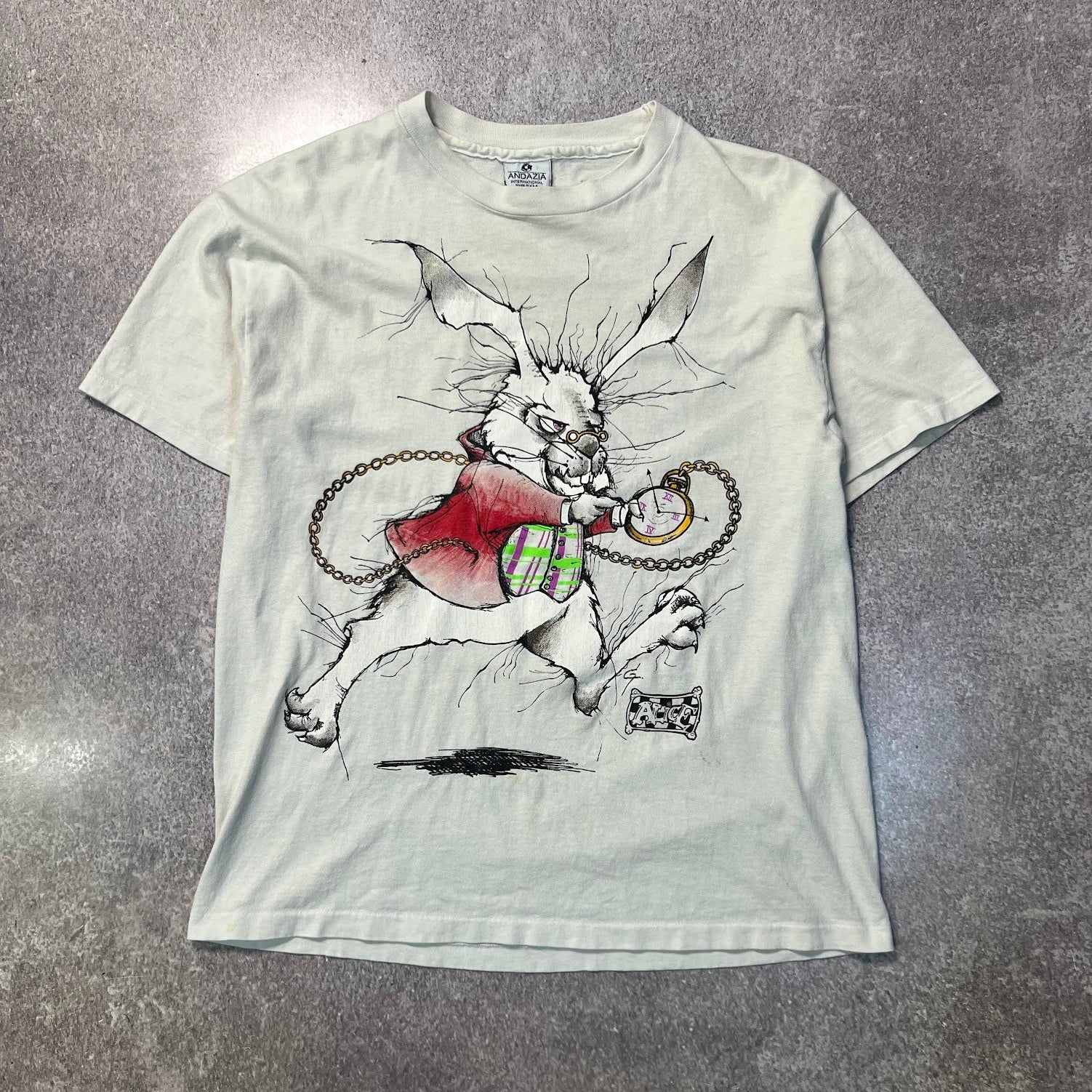 90s Andazia Alice In Wonderland White Rabbit Tee Large SS Grail
