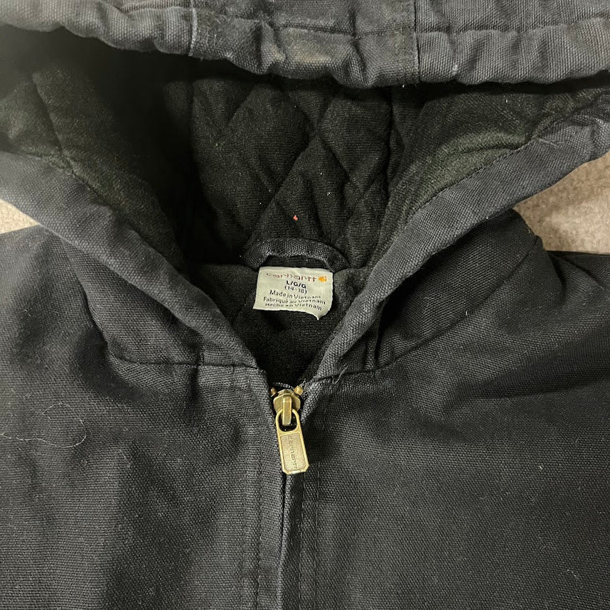 Carhartt Kids Youth Active Jacket Black Canvas Hooded Size L 14-16 Lined VTG