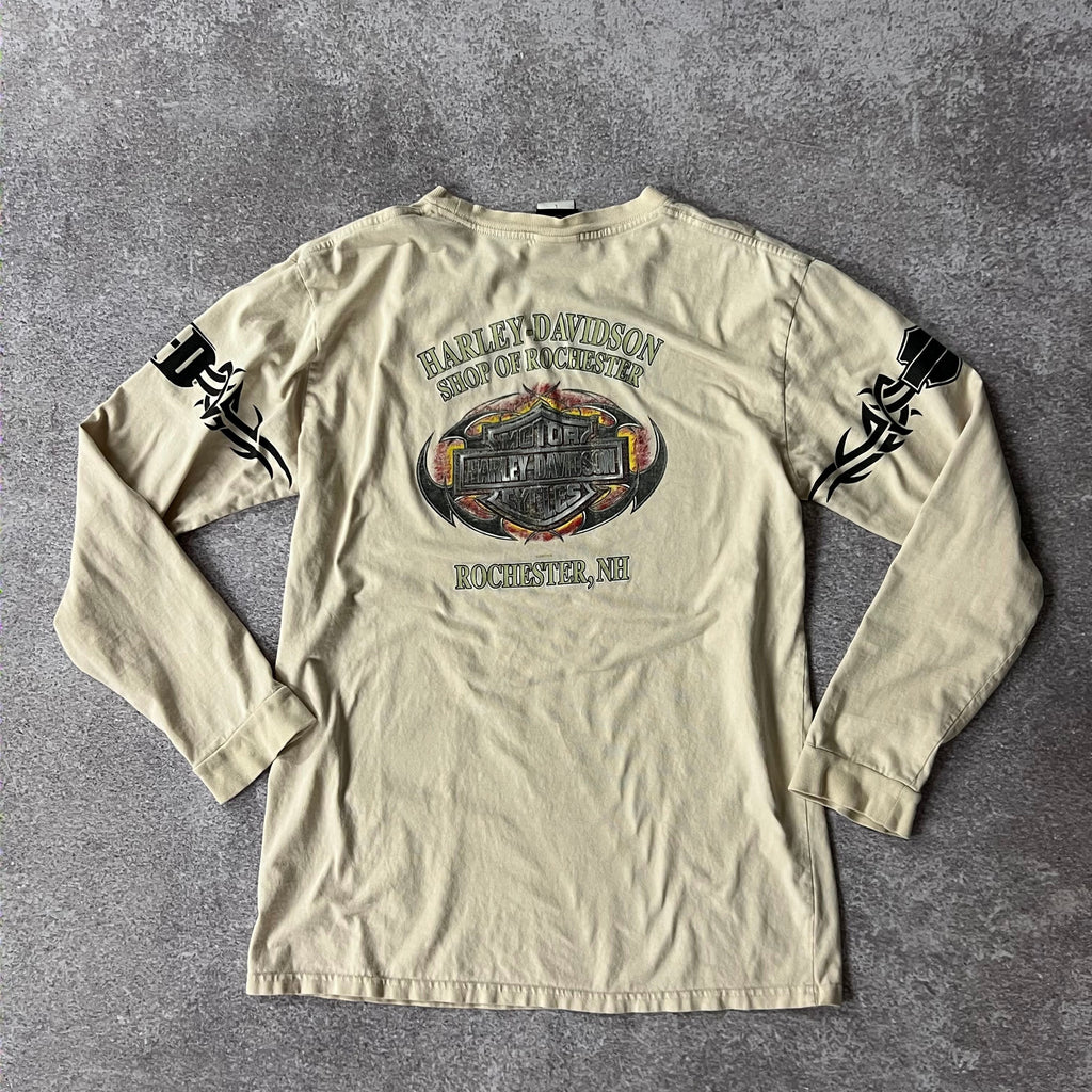 Y2K Harley Davidson Beige Distressed Long Sleeve Tee L