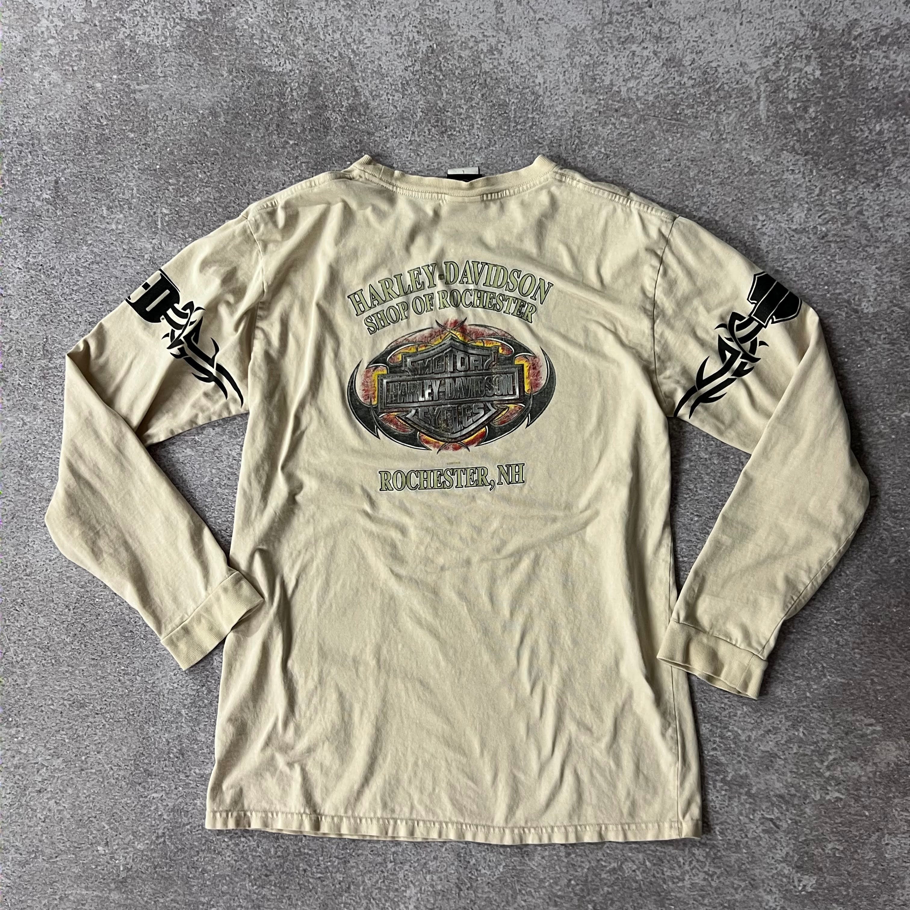 Y2K Harley Davidson Beige Distressed Long Sleeve Tee L