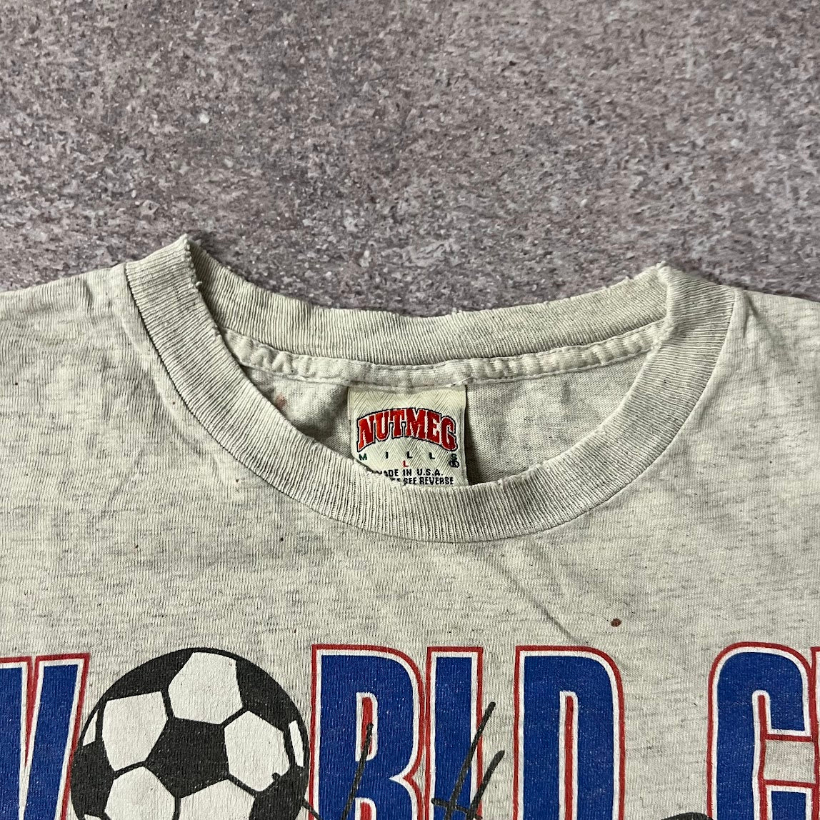 90s USA, World Cup Detroit Nutmeg Mills Gray Distressed Tee L