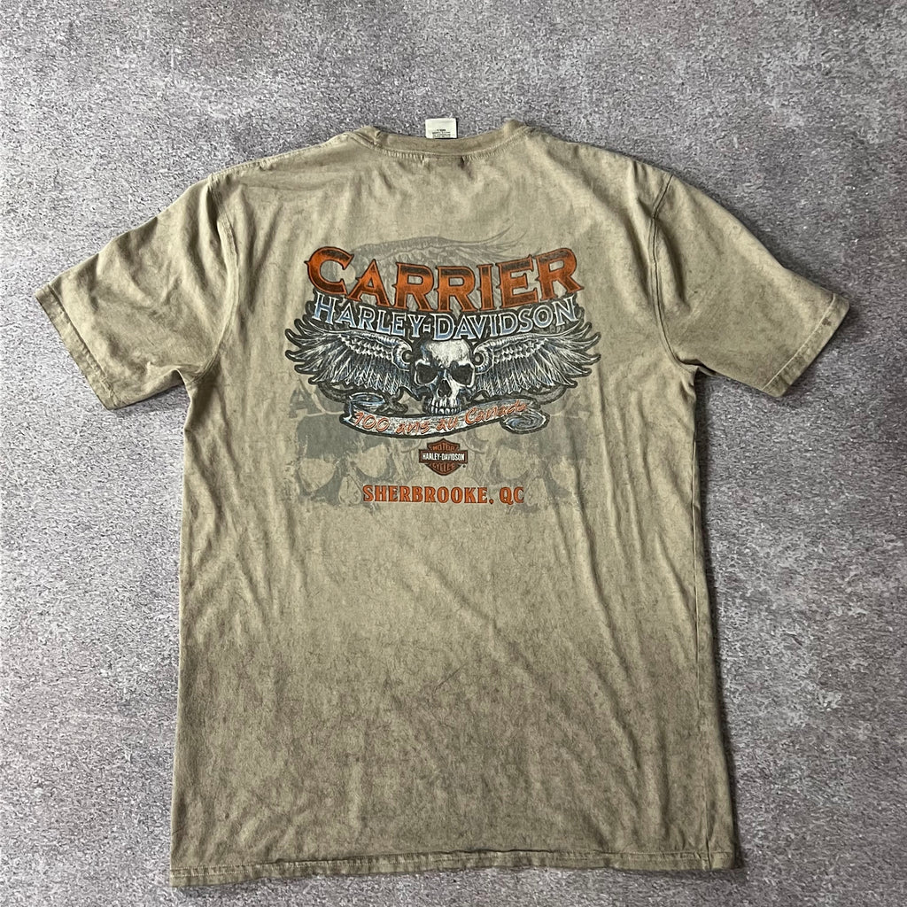 Y2K Harley Davidson Sherbrooke QC Tan Back Graphic Tee L