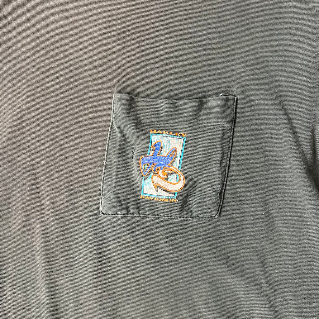 90s Harley Davidson Mockneck Green Distressed Long Sleeve Tee L