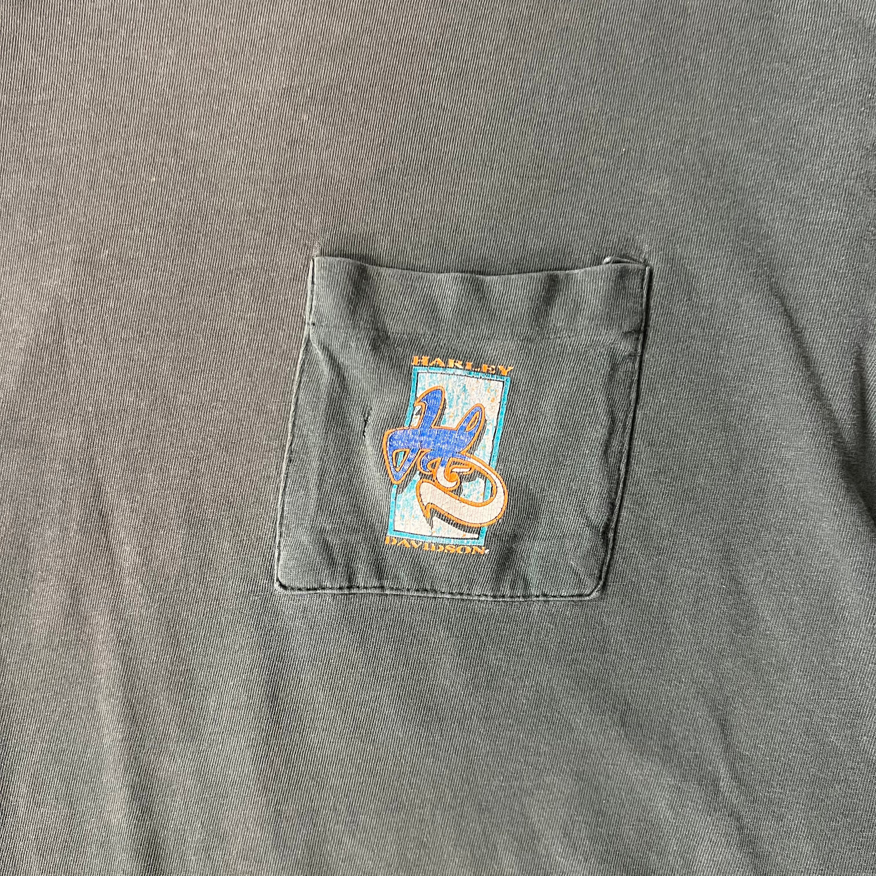 90s Harley Davidson Mockneck Green Distressed Long Sleeve Tee L