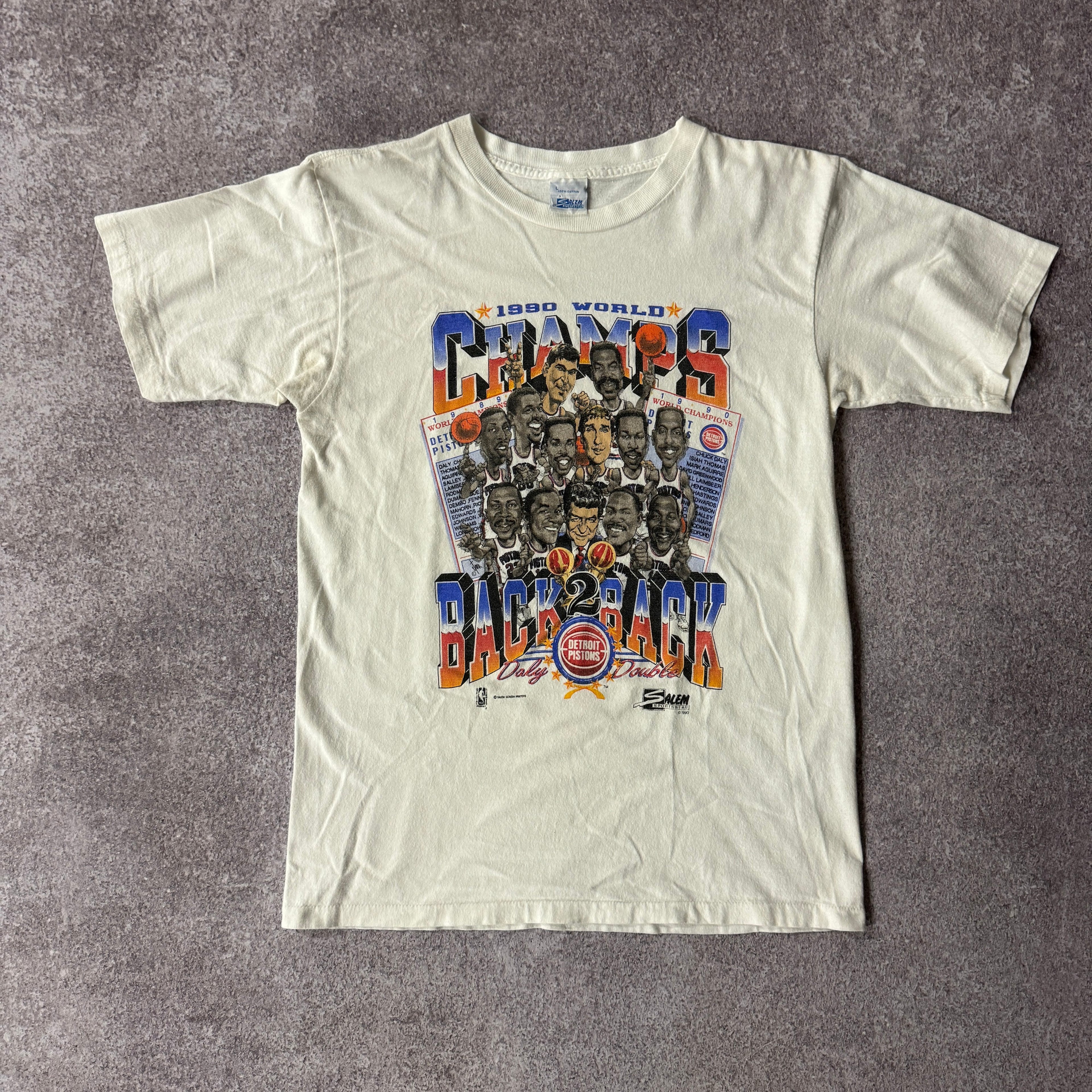90s Detroit Pistons Back 2 Back NBA Champions Salem Sportswear Single Stitch Tee L
