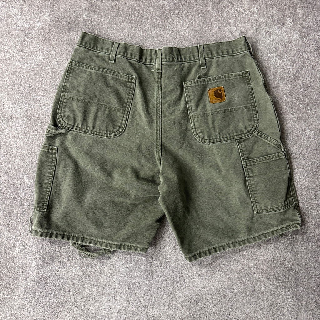 Y2K Carhartt Washed Duck Work Carpenter Shorts Green Distressed 36W x 9L
