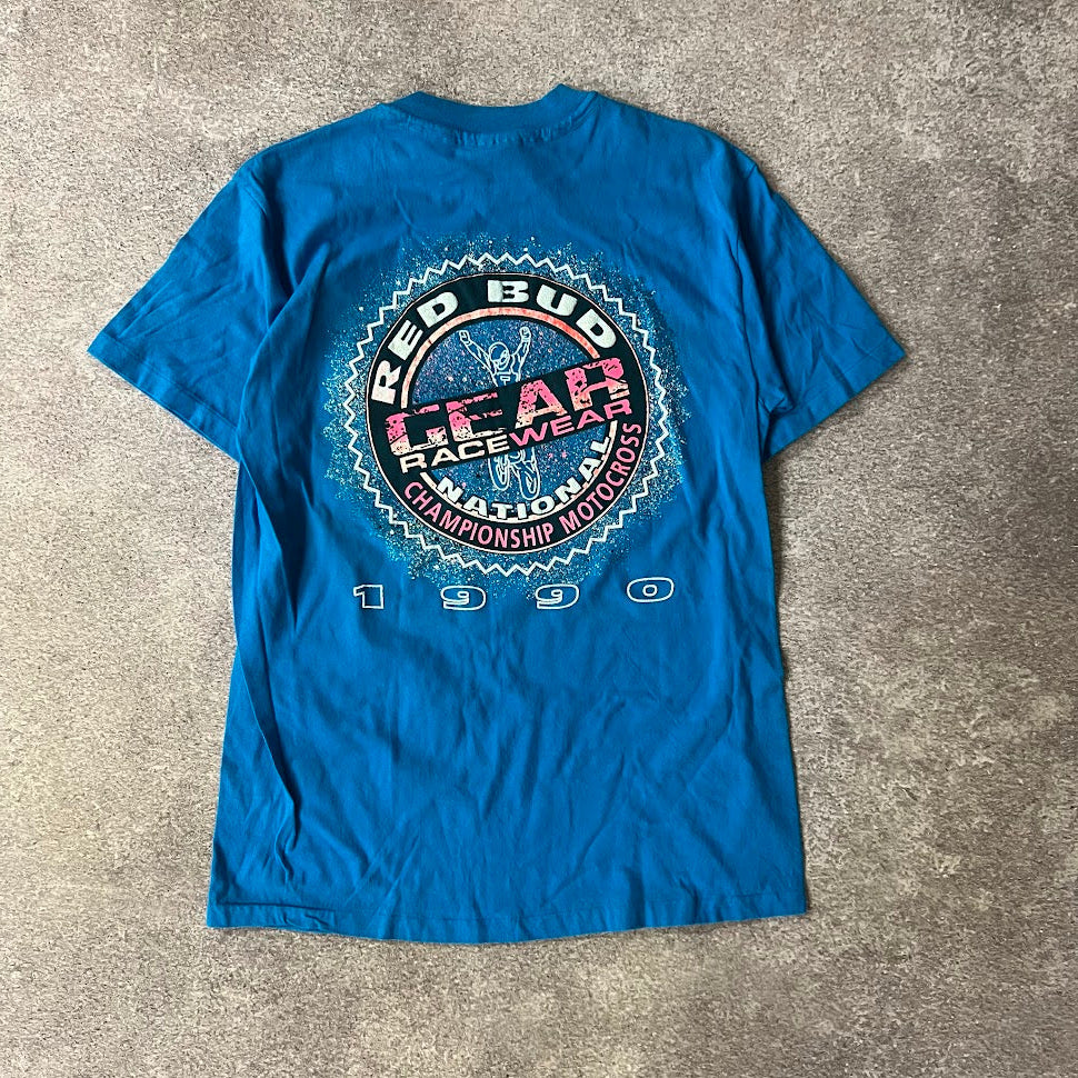 1990 RedBud National Motorsports Big Logo Back Graphic Faded Blue Tee L