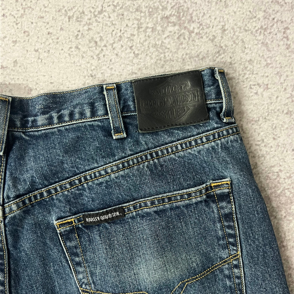 2010s Harley Davidson Blue Distressed Faded Jeans 40W x 32L